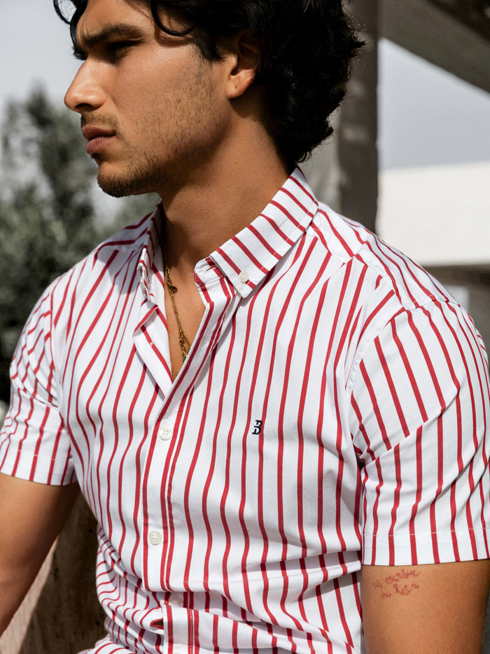 Elias Short Sleeve Stripe Shirt - White & Red