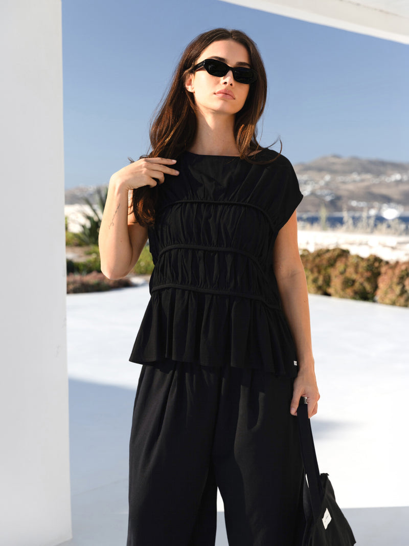 Alessia Linen Frill Top - Black