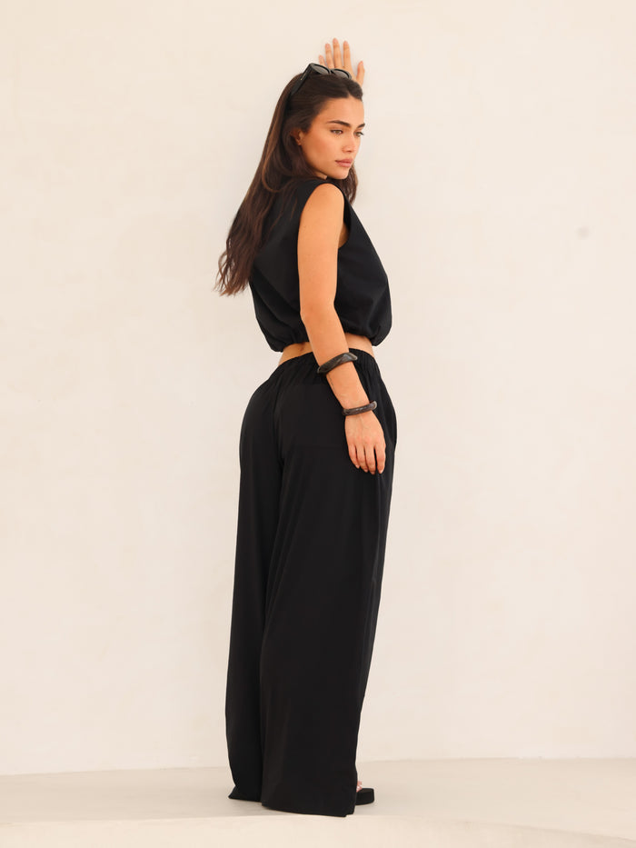 Kaia Bubble Hem Poplin Top - Black