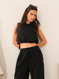 Kaia Bubble Hem Poplin Top - Black