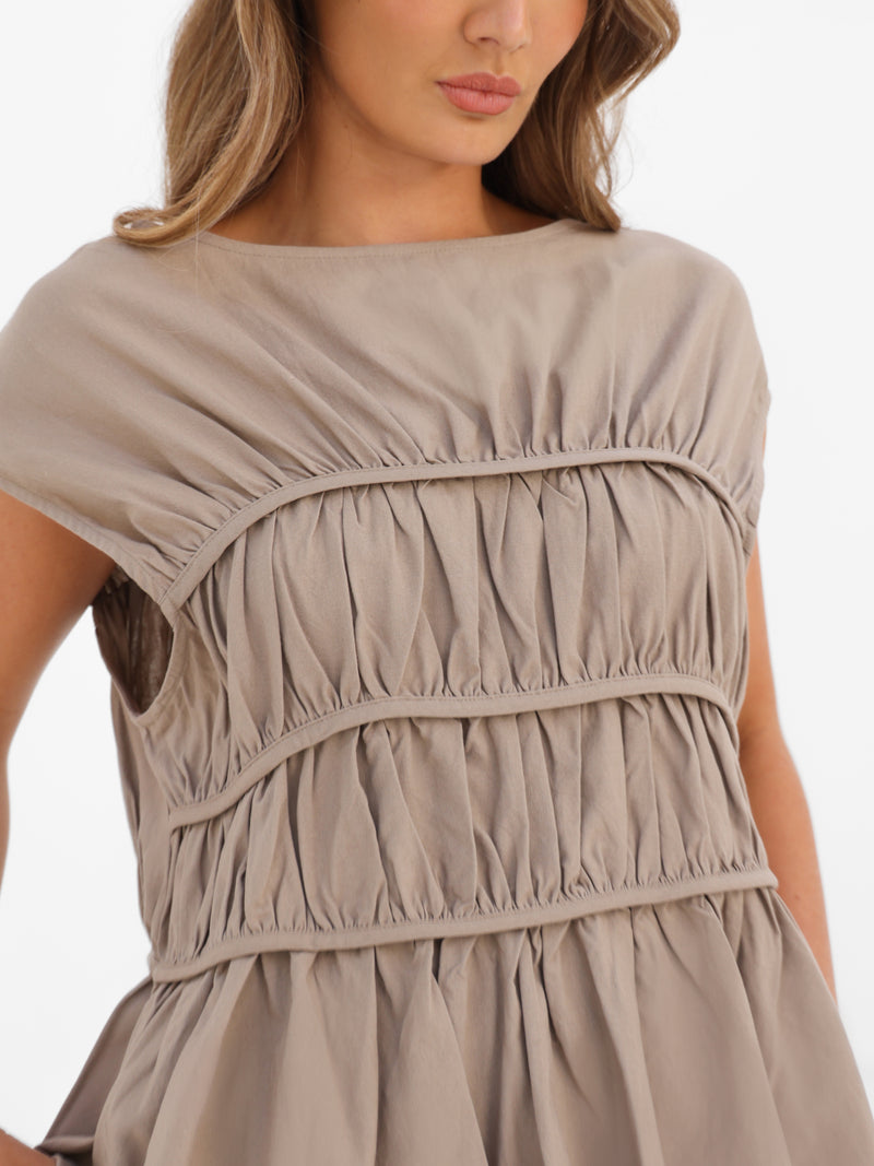 Alessia Linen Frill Top - Tan