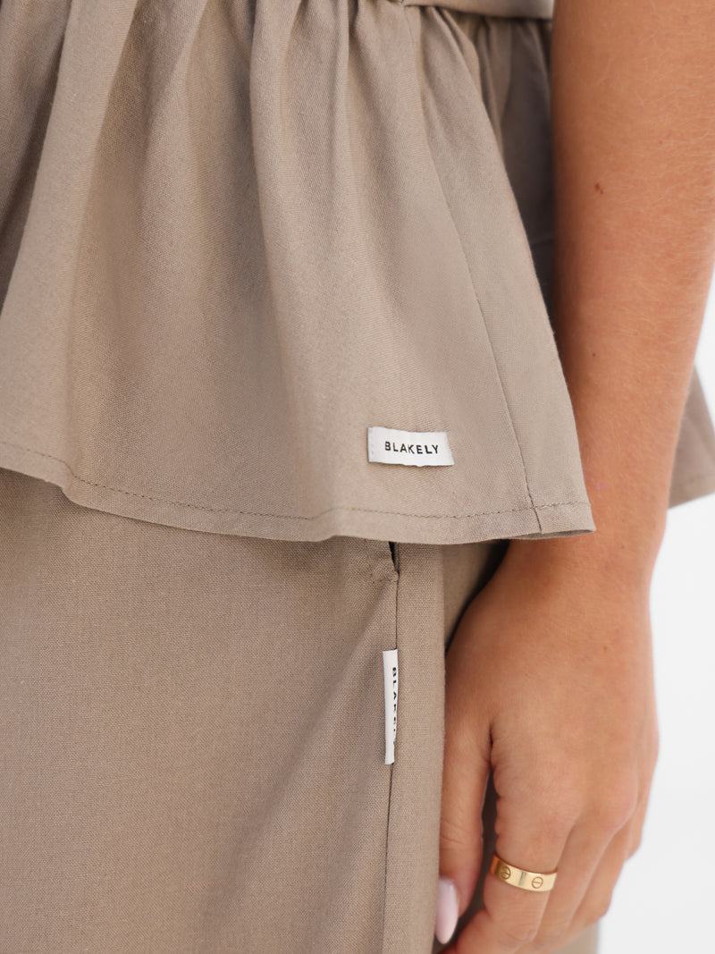 Alessia Linen Frill Top - Tan