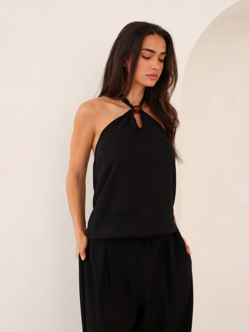 Eliza Beaded Halter Neck Top - Black