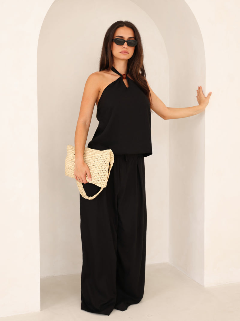 Eliza Beaded Halter Neck Top - Black