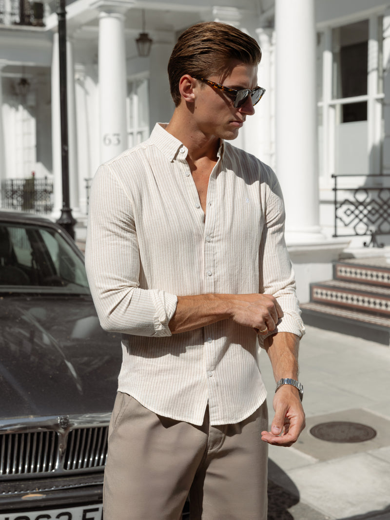 Remy Long Sleeve Stripe Cotton Shirt - White & Tan