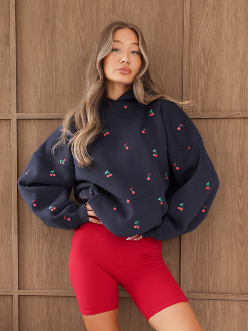Rhea Cherry Print Oversized Hoodie - True Navy