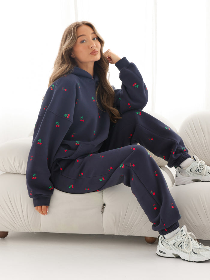Rhea Cherry Print Oversized Hoodie - True Navy