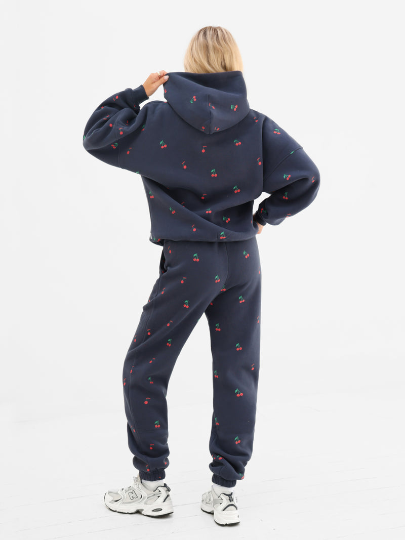 Rhea Cherry Print Oversized Hoodie - True Navy