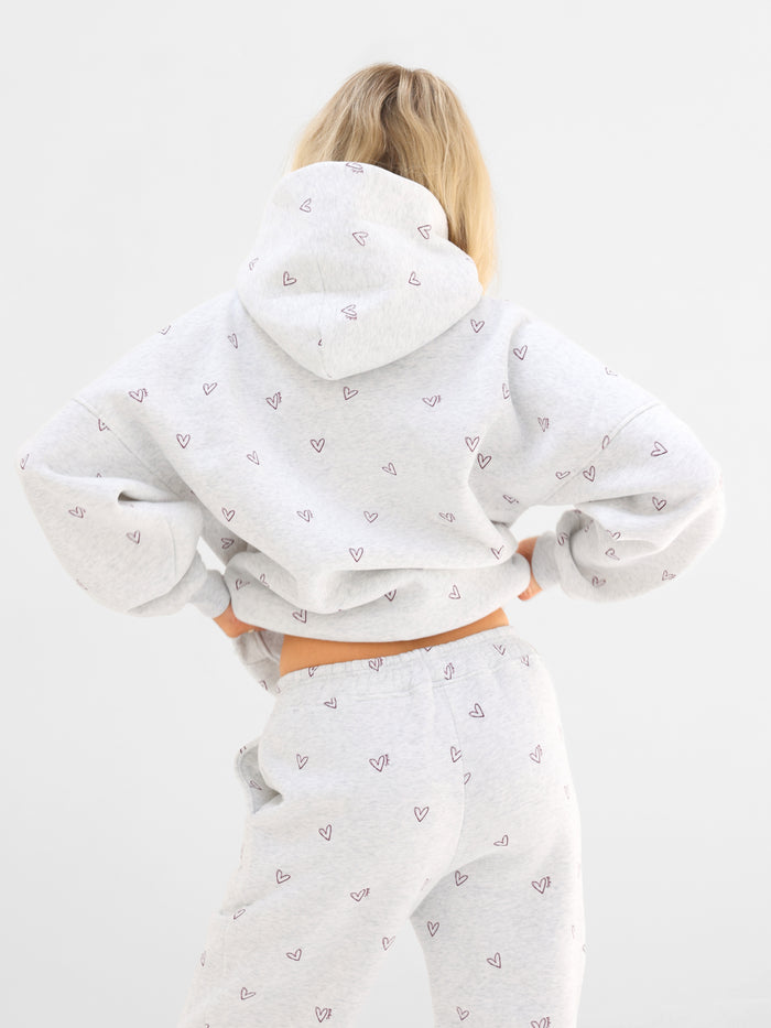 Rhea Heart Print Oversized Hoodie - Marl White