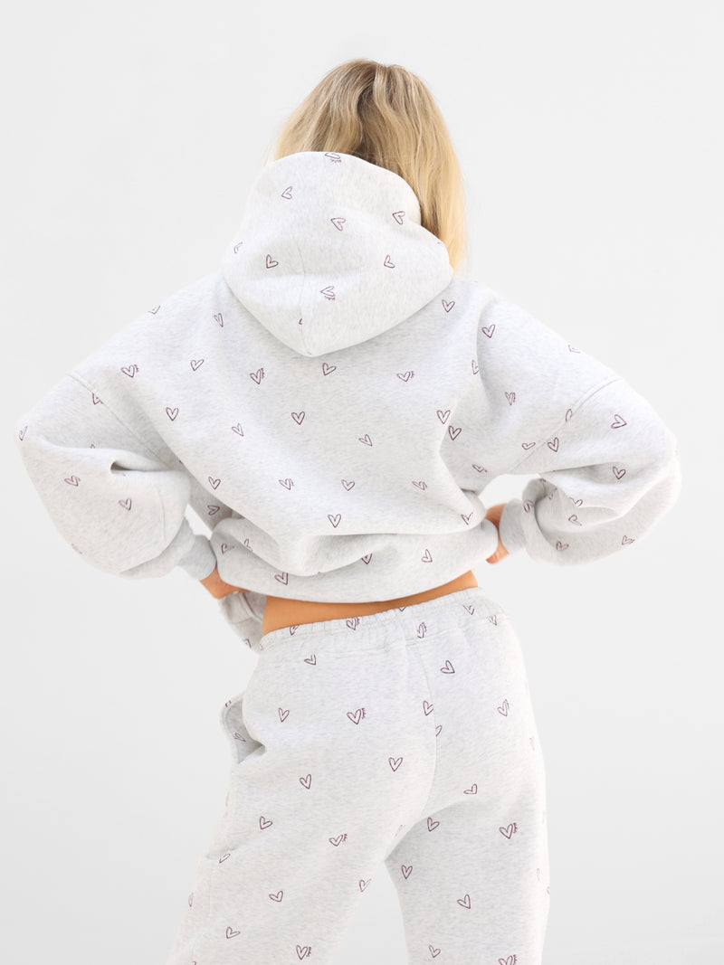 Rhea Heart Print Oversized Hoodie - Marl White