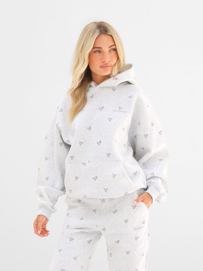 Rhea Heart Print Oversized Hoodie - Marl White