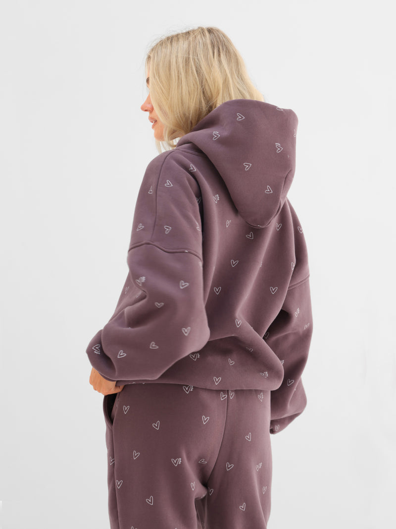 Rhea Heart Print Oversized Hoodie - Washed Plum
