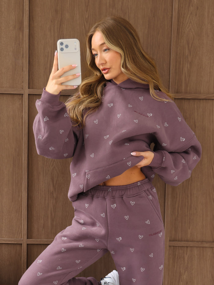 Rhea Heart Print Oversized Hoodie - Washed Plum