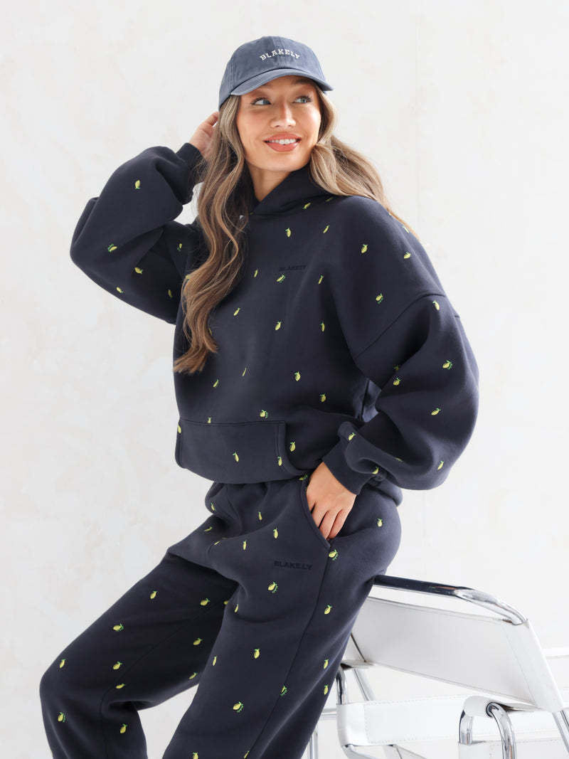 Rhea Lemon Print Oversized Hoodie - True Navy
