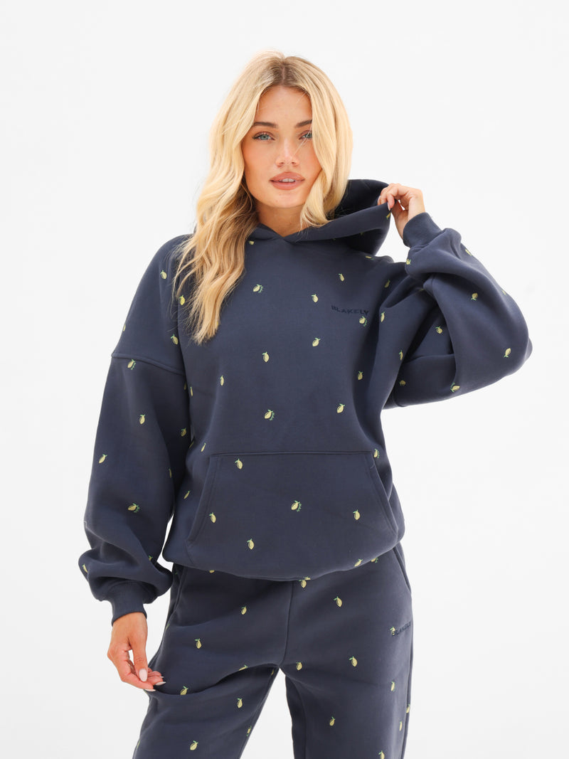 Rhea Lemon Print Oversized Hoodie - True Navy