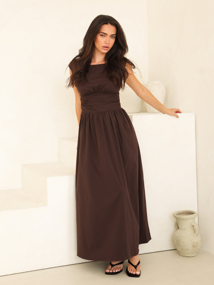 Kaia Poplin Maxi Dress - Mocha Brown