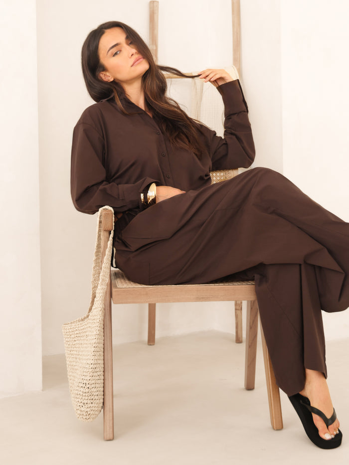 Kaia Oversized Poplin Shirt - Mocha Brown
