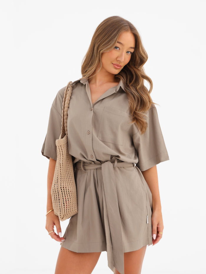 Alessia Linen Playsuit - Tan