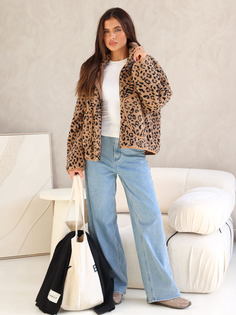 Borg Oversized Jacket - Orange Leopard Print
