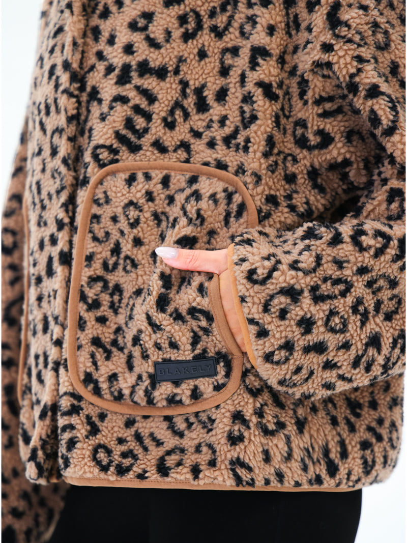 Borg Oversized Jacket - Orange Leopard Print