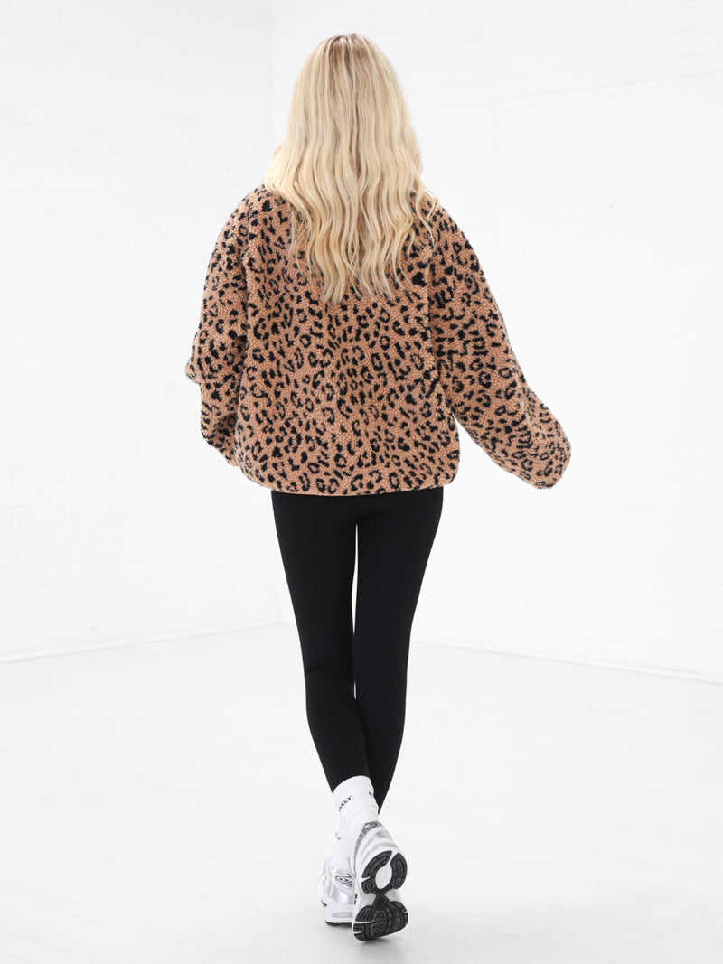 Borg Oversized Jacket - Orange Leopard Print