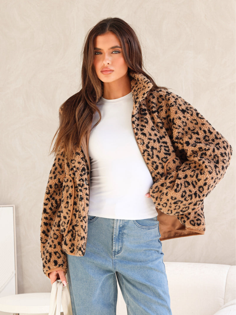 Borg Oversized Jacket - Orange Leopard Print