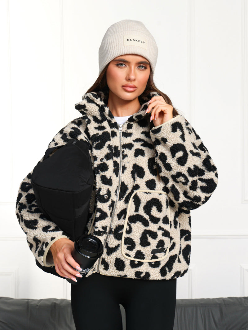 Borg Oversized Jacket - Beige Leopard Print