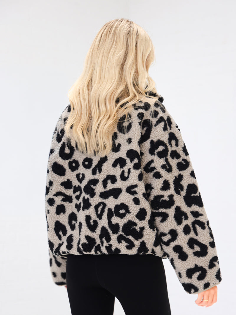 Borg Oversized Jacket - Beige Leopard Print