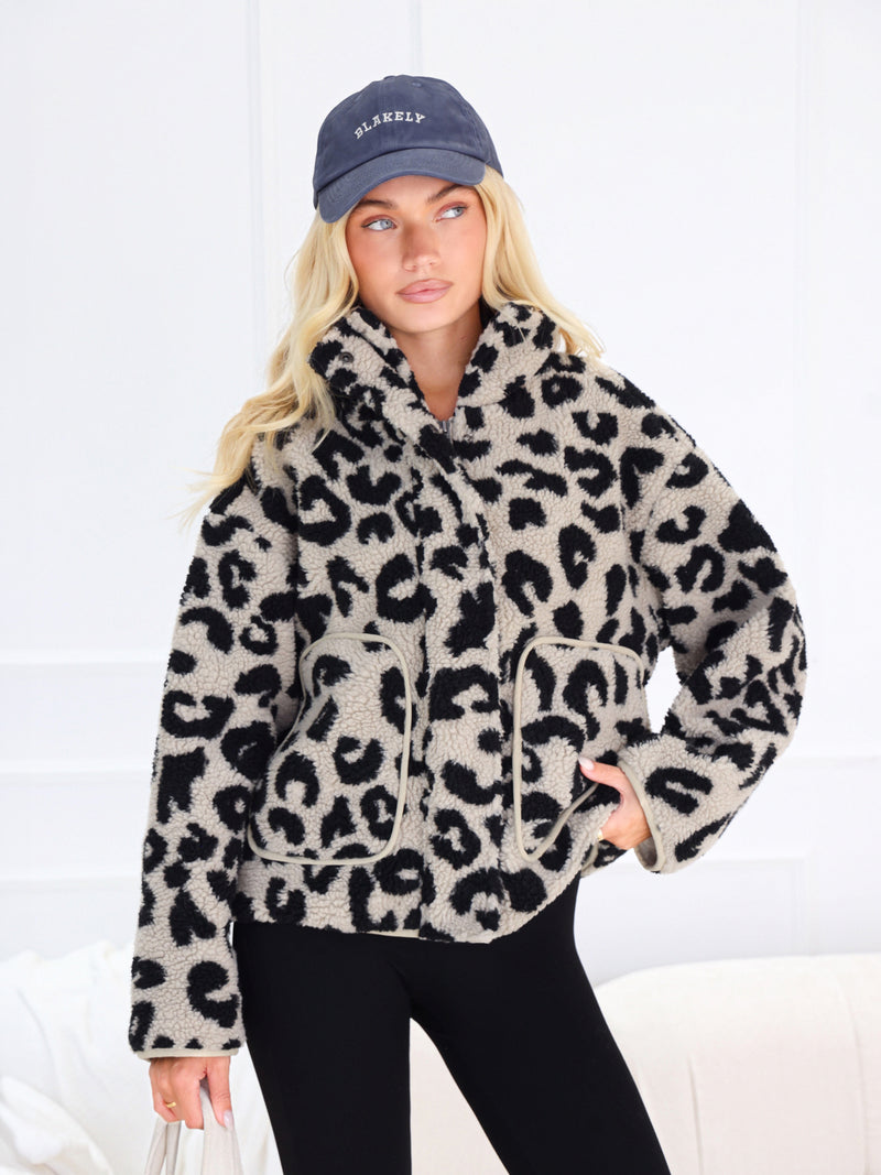 Borg Oversized Jacket - Beige Leopard Print