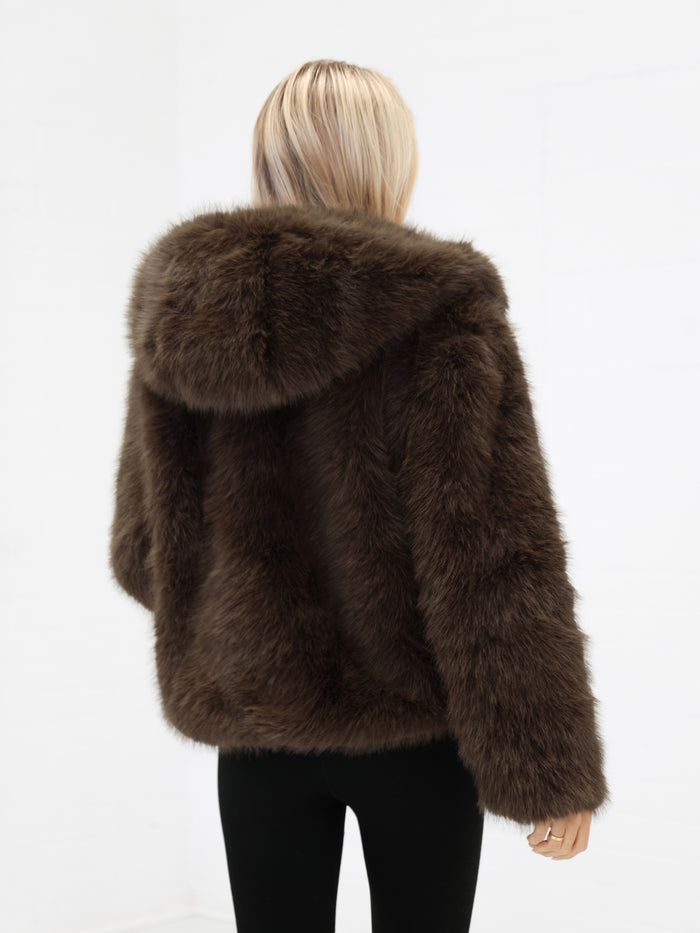 Gigi Faux Fur Hooded Coat - Dark Brown