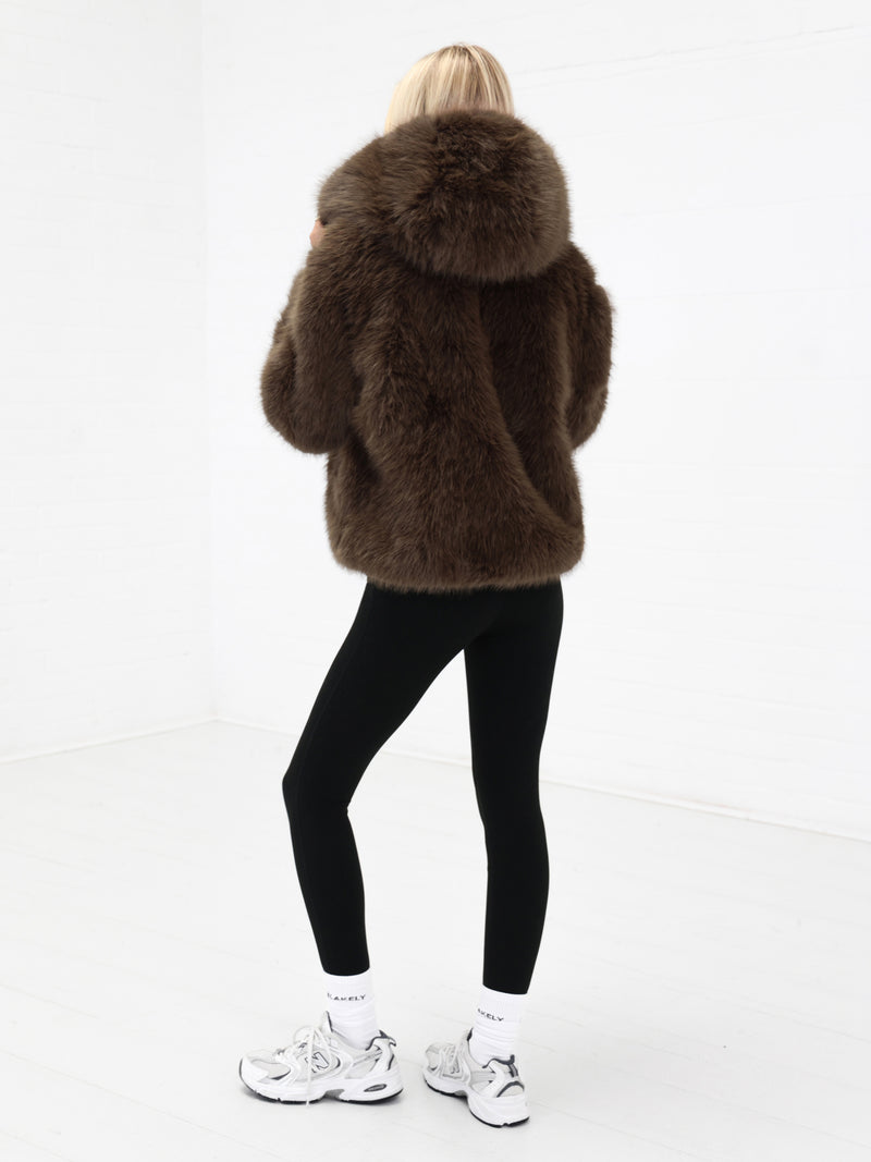 Gigi Faux Fur Hooded Coat - Dark Brown
