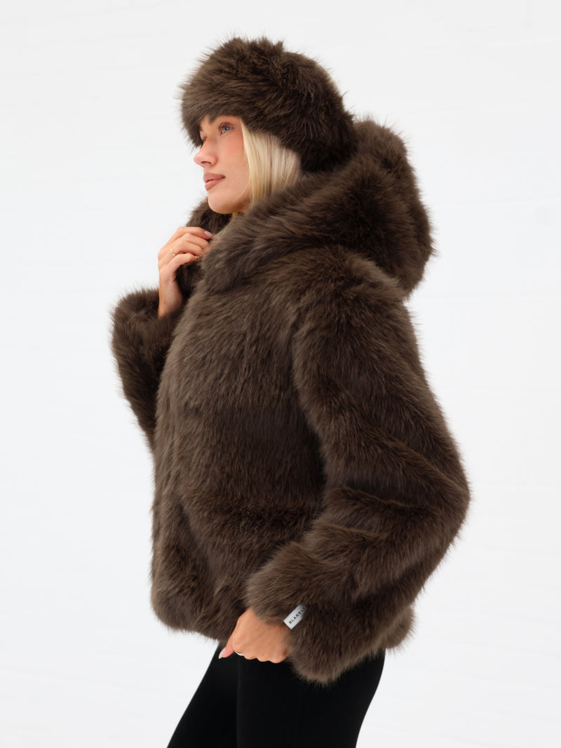 Gigi Faux Fur Hooded Coat - Dark Brown