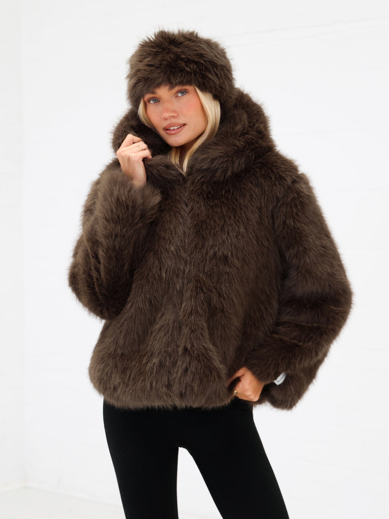 Gigi Faux Fur Hooded Coat - Dark Brown