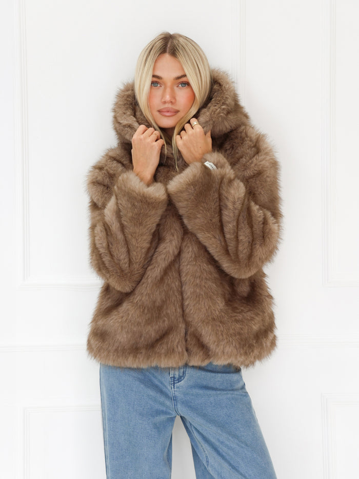 Gigi Faux Fur Hooded Coat - Light Brown
