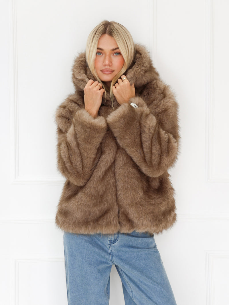 Gigi Faux Fur Hooded Coat - Light Brown