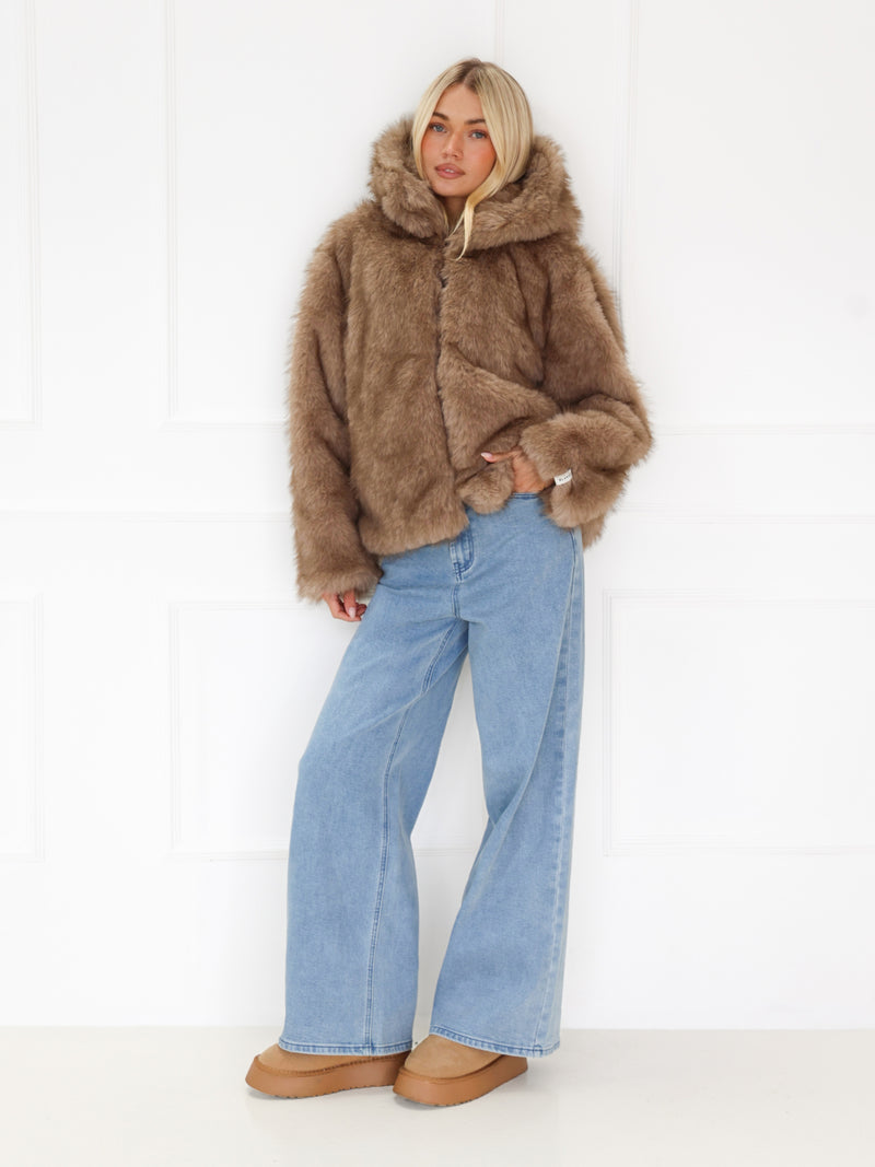 Gigi Faux Fur Hooded Coat - Light Brown