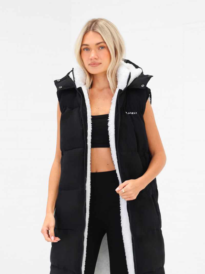 Mya Longline Fluffy Puffer Gilet - Black