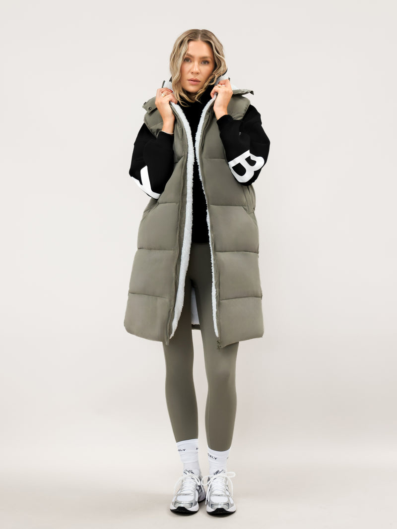 Mya Longline Fluffy Puffer Gilet - Safari Green