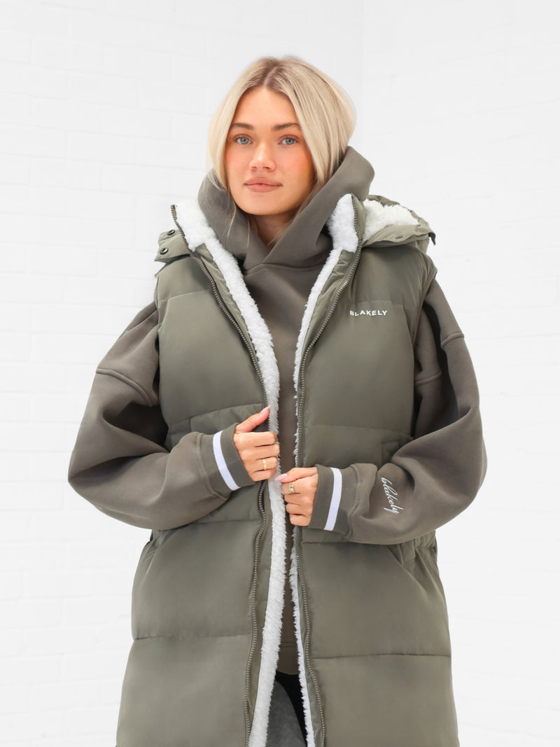 Mya Longline Fluffy Puffer Gilet - Safari Green
