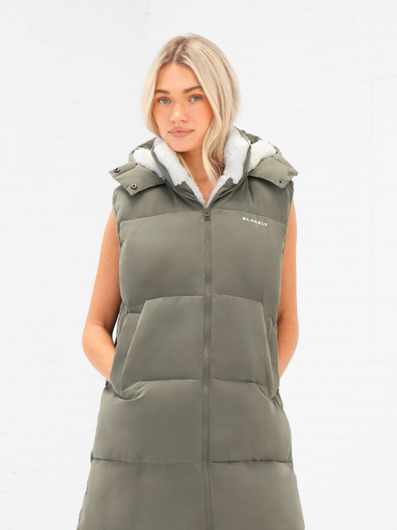 Mya Longline Fluffy Puffer Gilet - Safari Green
