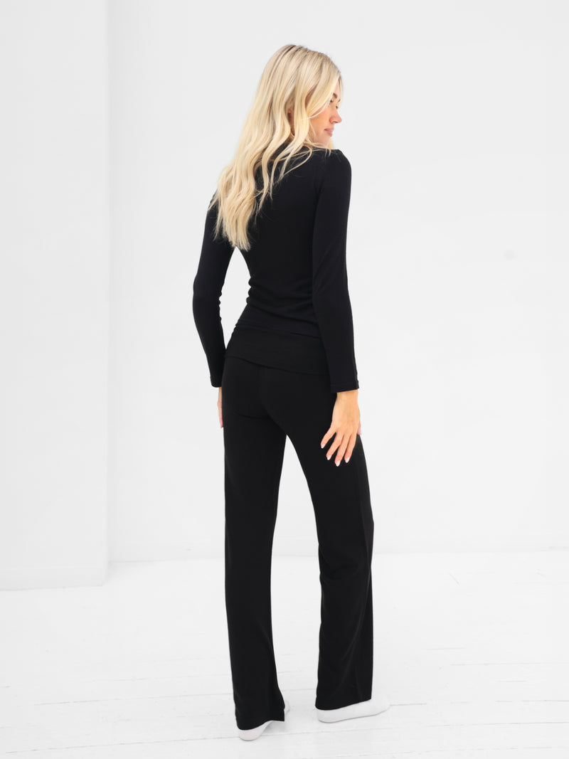 Melody Soft Knitted Fold Over Trousers - Black