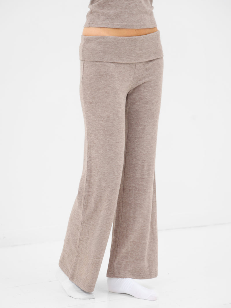 Melody Soft Knitted Fold Over Trousers - Marl Taupe