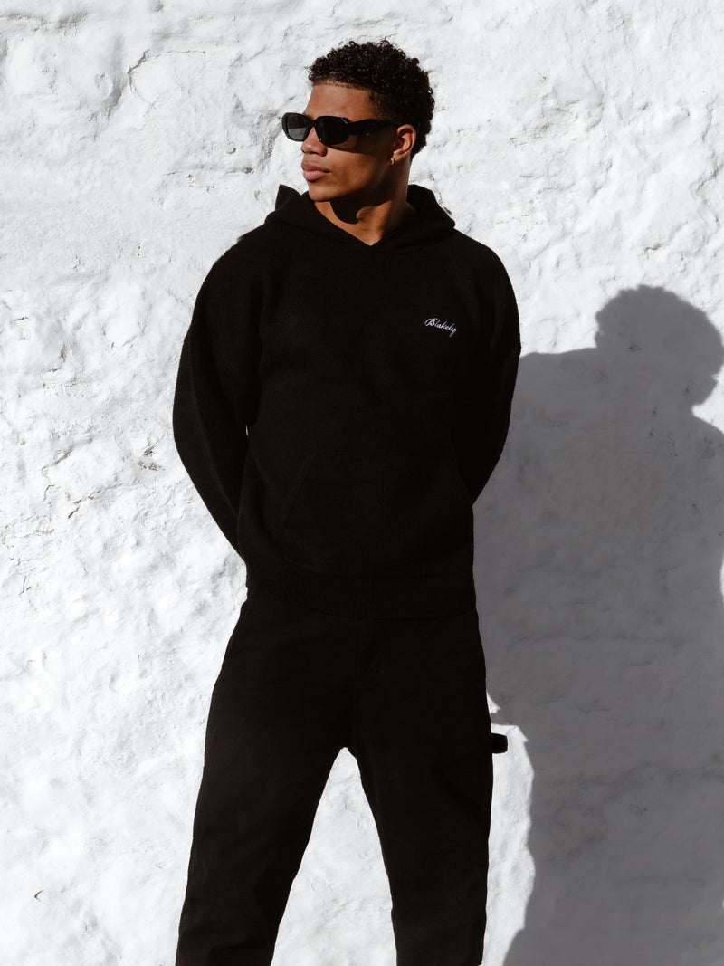 Relaxed Knitted Hoodie - Black