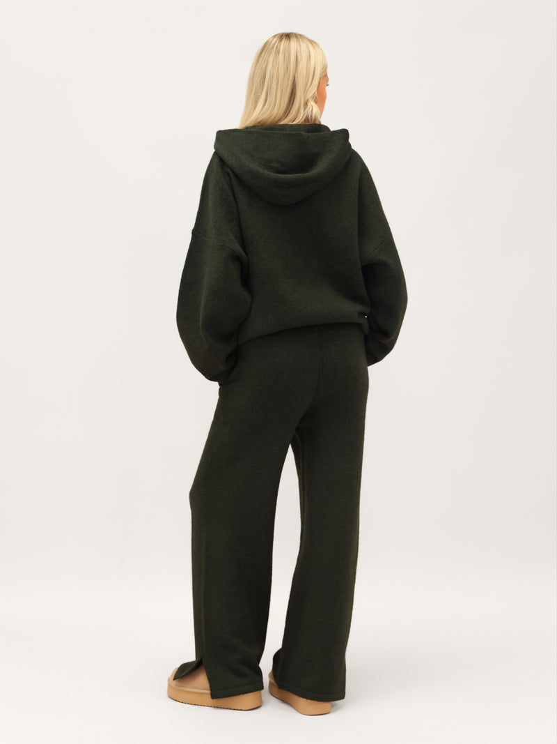 Knitted Wide Leg Sweatpants - Dark Green