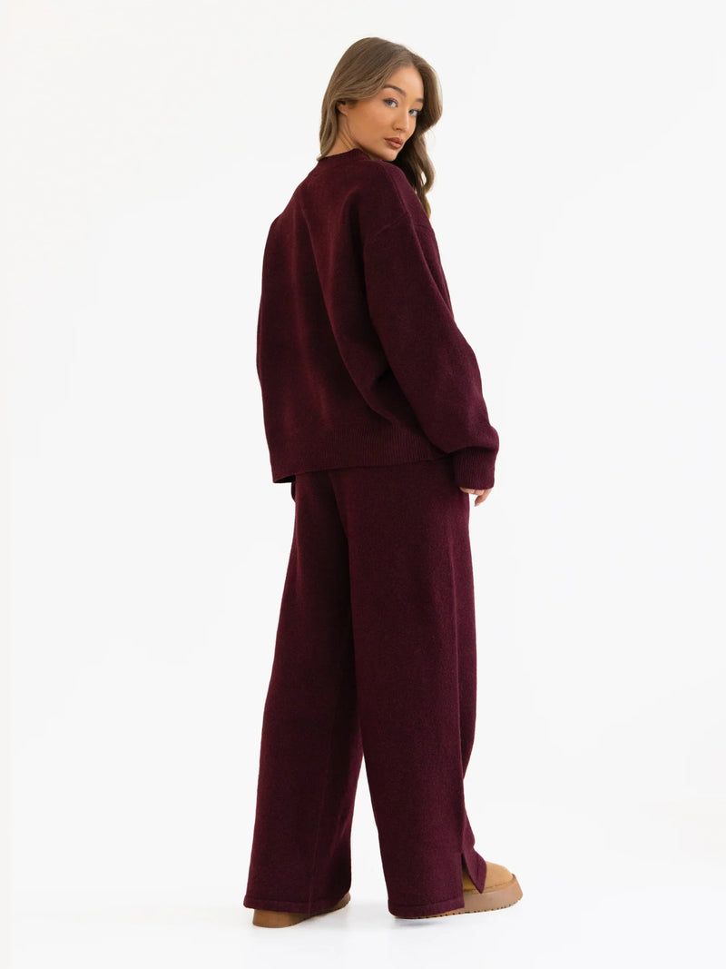 Knitted Wide Leg Sweatpants - Dark Cherry