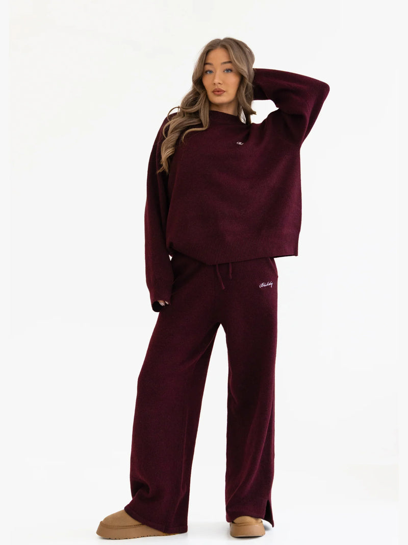 Knitted Wide Leg Sweatpants - Dark Cherry