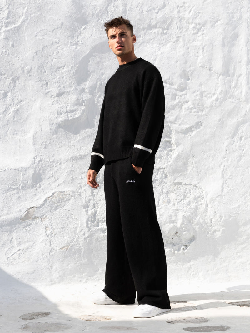 Knitted Script Wide Leg Sweatpants - Black