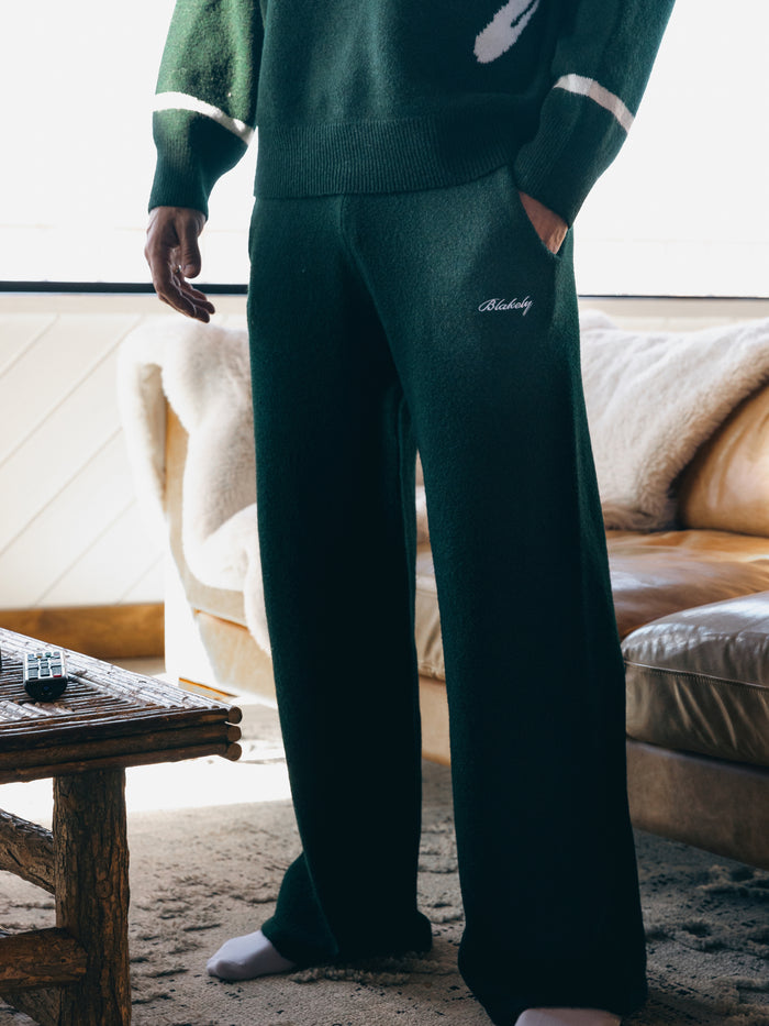Knitted Script Wide Leg Sweatpants - Emerald Green