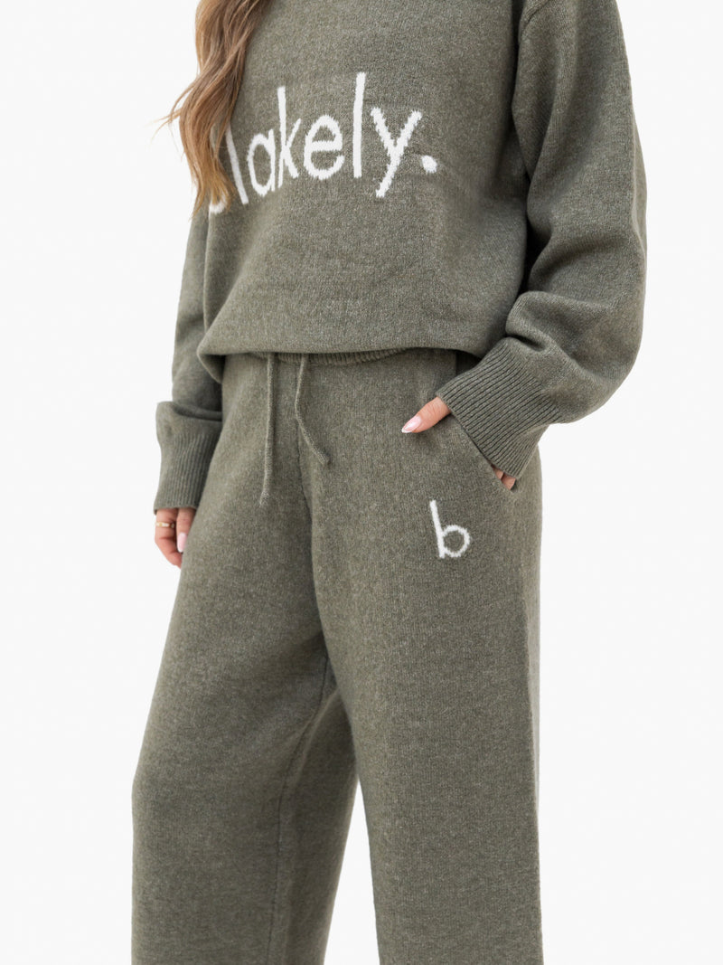 Mabel Knitted Wide Leg Sweatpants - Safari Green