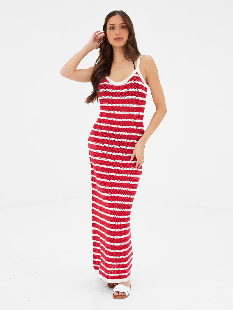 Crochet Maxi Dress - Red Stripe
